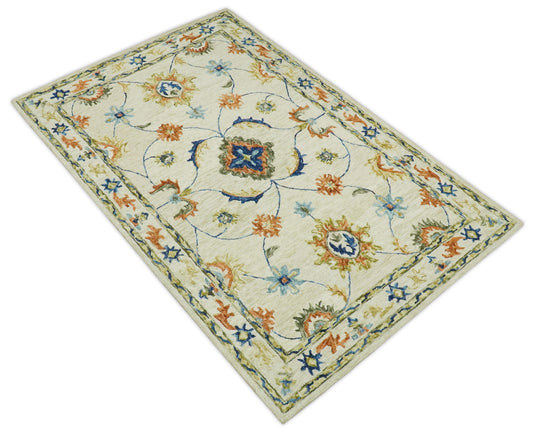 Custom Made Floral Pattern Beige, Rust, Blue And Olive Hand Tufted Wool Area Rug