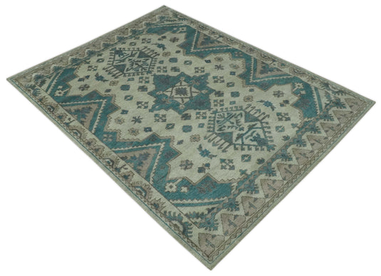 Custom Made Tribal Pattern Beige,Teal and Brown Traditional Hand knotted wool Area Rug