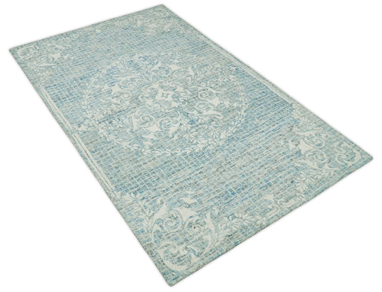 Custom Made Floral Blue And Ivory Hand Tufted Wool Area Rug