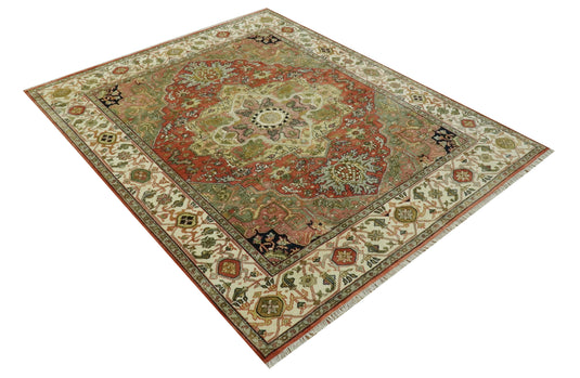 Hand Knotted Traditional Herati Green, Peach, Black, Ivory And Rust Wool Rug 8x10 ft Ideal for Living, Bedroom And Dining Rooms | CP2448810