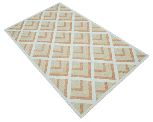 Custom Made Ivory, Dark Peach, Yellow And Light Beige Modern Geometrical Hand Tufted Wool Area Rug