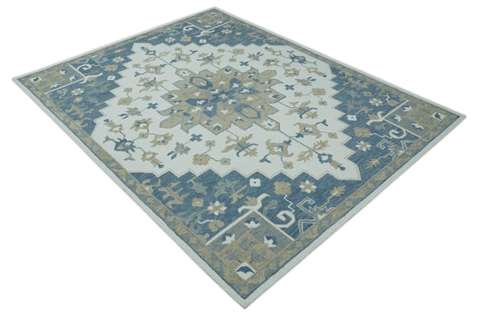 Custom Made Blue, Beige And Ivory Traditional Medallion Hand Tufted Wool Area Rug