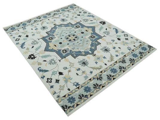 Custom Made Central Medallion Ivory, Camel, Blue, Gray And Black Hand Tufted Wool Area Rug