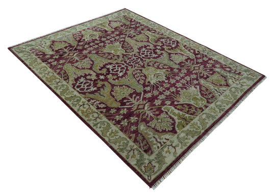Custom Made Hand Knotted Antique Deep Maroon, Olive And Ivory Wool Area Rug