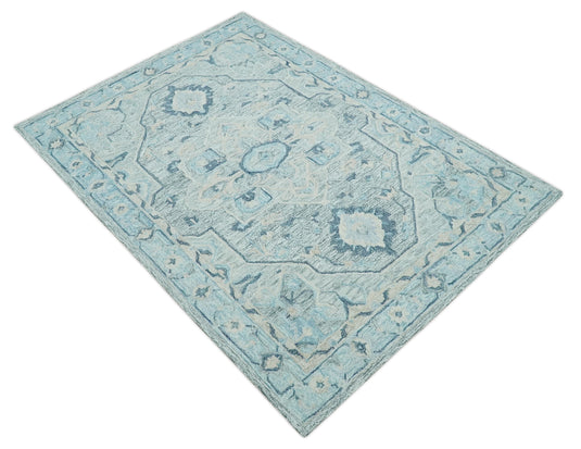 Custom Made Gray, Blue, Aqua And Beige Traditional Medallion Pattern Hand Tufted Wool Area Rug