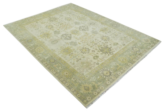 Traditional Hand knotted Ivory and Olive Oushak Multi Size wool Area Rug