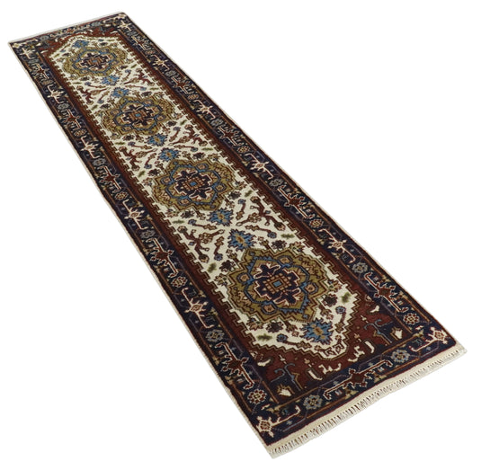 Cream, Rust and Blue Hand knotted Traditional Heriz 2.6x10 wool Area Rug