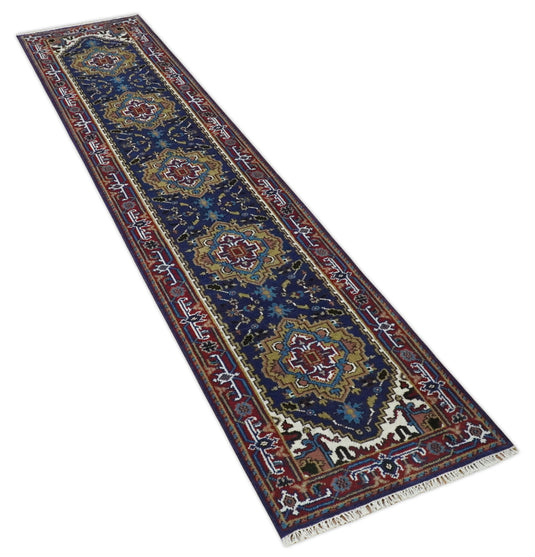 Blue, Mustard and Brown Hand knotted Traditional Heriz 2.6x12 wool Area Rug