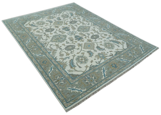 Hand Knotted Oriental Oushak Rug Ivory, Grey and Teal Multi Size Ideal for Living, Bedroom, and Dining Rooms | CP1702