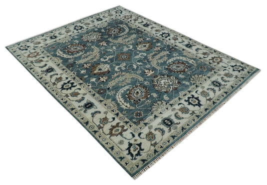 Hand Knotted Traditional Antique Oushak Rug Blue and Ivory Multi Size Ideal for Living, Bedroom, and Dining Rooms | CP1600