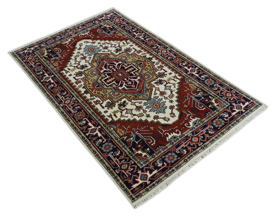Hand Knotted Heriz Serapi Rug Ivory, Rust and Navy Blue 5x8 ft Ideal for Living, Bedroom, and Dining Rooms | CP189458S