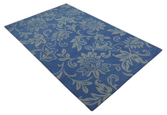 Custom Made Traditional Floral Pattern Blue And Gray Hand Tufted wool Area Rug