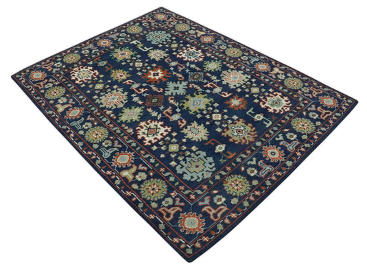 Traditional Pattern Blue, Rust, Ivory and Olive Hand Knotted 8x10 ft wool Area Rug