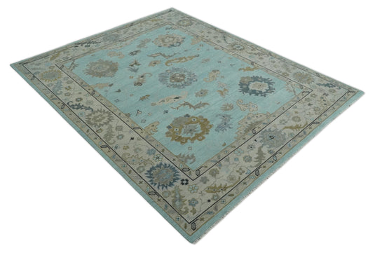 Custom Made Traditional Oushak Hand Knotted Light Blue And Ivory Wool Area Rug