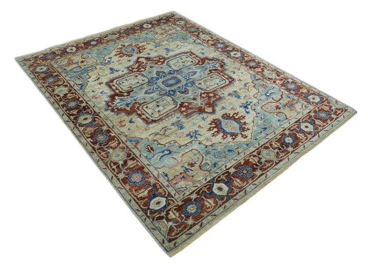 Heriz Serapi Blue, Brown And Ivory Hand Knotted 8x10 ft Bedroom, Living Room Rug Wool Area Rug