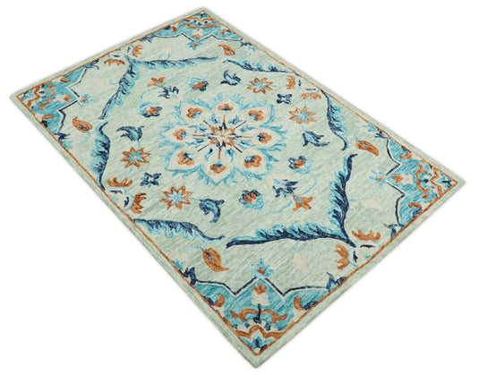 Custom Made Traditional Beige And Blue Hand Tufted Wool Area Rug