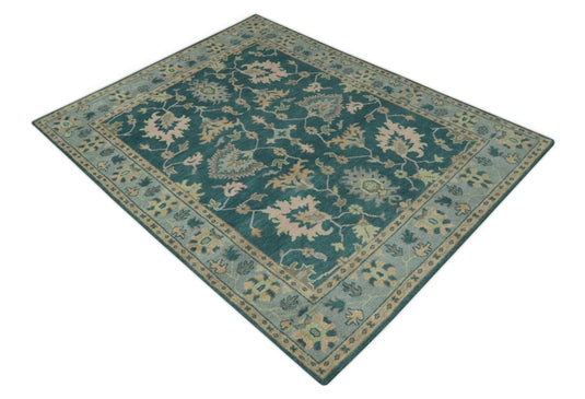 Custom Made Traditional Floral Teal, Light Peach And Gray Hand Knotted Wool Area Rug