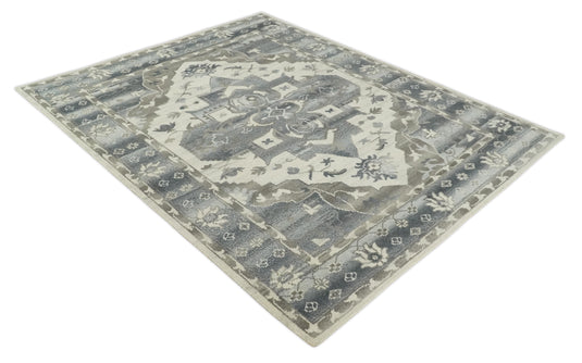 Traditional Persian Ivory, Gray, Charcoal and Greenish Gray Hand knotted 8x10 ft wool Area Rug