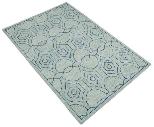 Custom Made Modern Geometrical Pattern Gray And Blue Hand Tufted Wool Area Rug