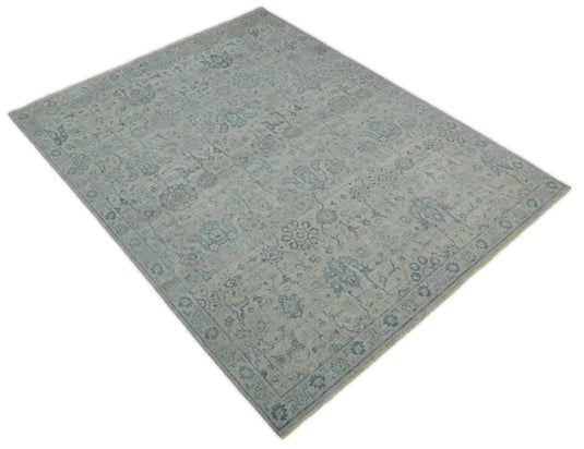 Beige and Blue Vintage Traditional Handknotted Heriz Serapi Rug Made with Wool | Oxidised,DIstressed low Pile Vintage Rug, Living Room Rug