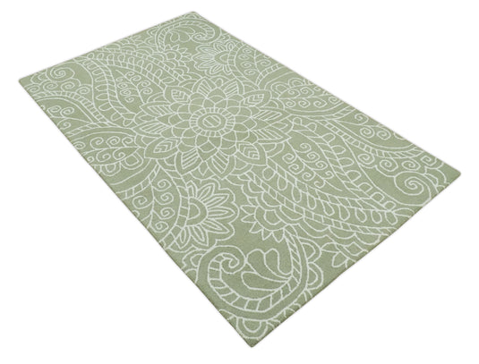 Custom Made Olive Green And Ivory Hand Tufted  Wool Area Rug