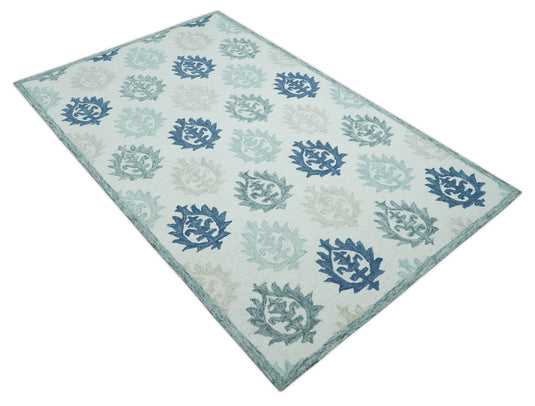 Custom Made Ivory, Blue, Teal And Beige Traditional Ikat Pattern Hand Tufted Wool Area Rug