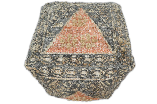 Charcoal, Orange And Beige Boho Tribal Wool And Jute Footstool, Seat, Foot Rest Living Room, Bedroom-(FC)