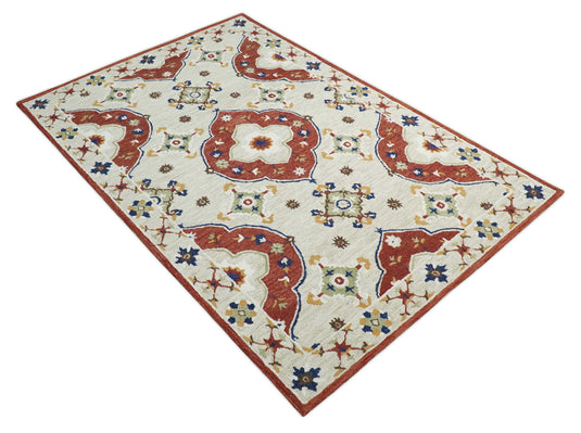 Custom Made Ivory, Maroon, Olive And Blue Hand Tufted  Wool Area Rug