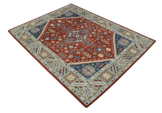 Traditional Pattern Red, Blue, Beige And Ivory Hand Knotted 8x10 ft wool Area Rug