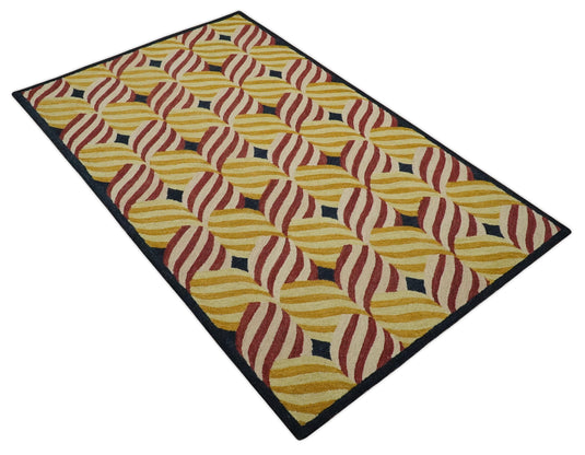 Custom Made Gold, Maroon, Black And Yellow Modern Stripes Pattern Hand Tufted Wool Area Rug