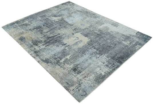 Abstract Grunge Pattern Ivory, Beige And Charcoal Hand Knotted 8x10 ft Bedroom, Living Room Rug Wool And Bamboo Silk Area Rug