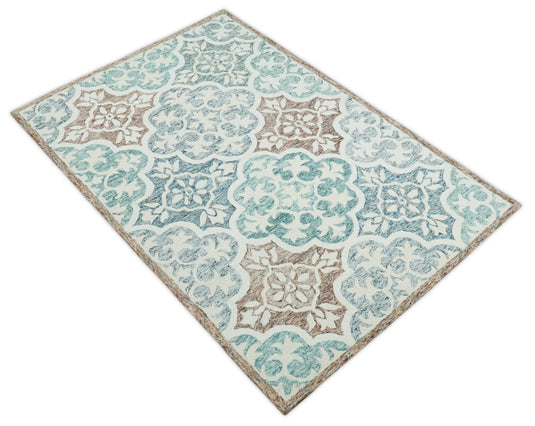 Custom Made Floral Pattern Blue, Rust, Aqua And ivory Hand Tufted Wool Area Rug