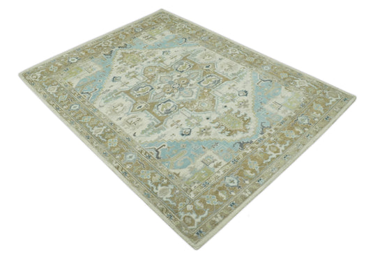 Traditional Pattern Light Blue, Beige and Ivory Hand Knotted 8x10 ft wool Area Rug