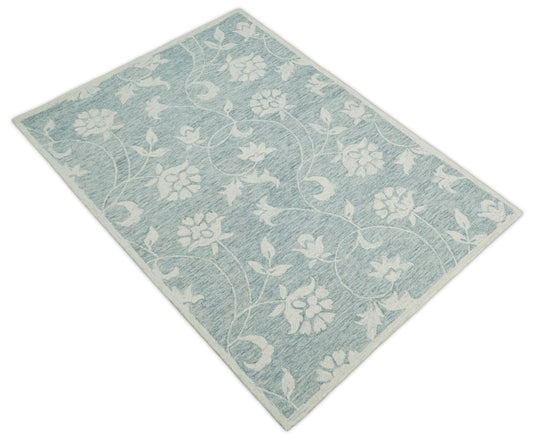 Custom Made Floral Pattern Gray And Ivory Hand Tufted Wool Area Rug