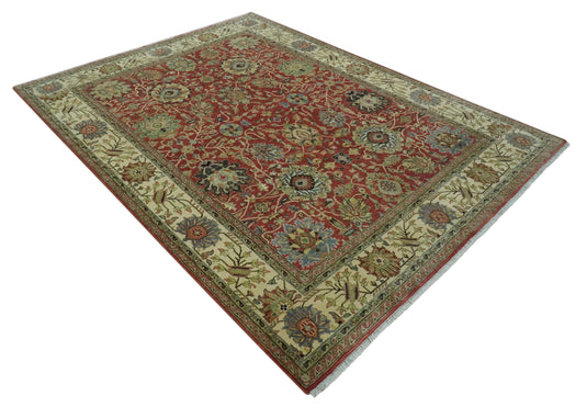 Custom Made Hand Knotted Maroon, Olive, Beige And Ivory Herati Wool Area Rug
