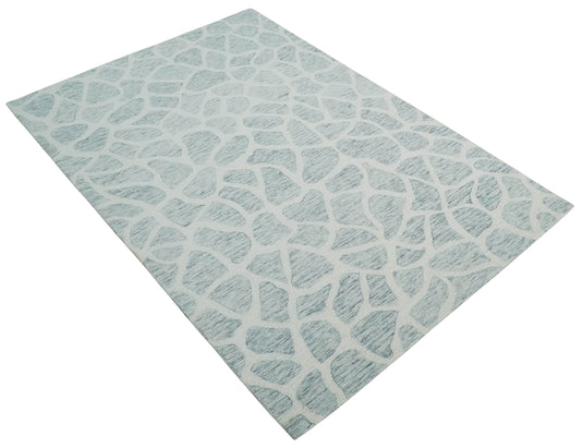 Custom Made Ivory, Gray And Blue Giraffe Pattern Hand Tufted Wool Area Rug