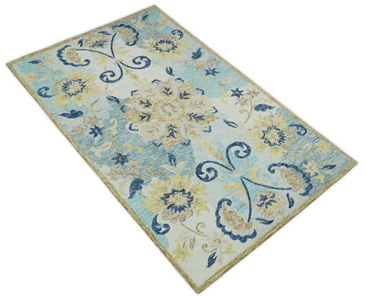 Custom Made Floral Blue, Camel, Beige And Ivory Hand Tufted Wool Area Rug