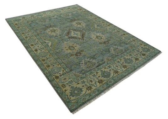 Custom Made Hand Knotted Green And Blue Floral Wool Area Rug