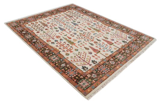 Custom Made Traditional Ivory, Brown And Rust Tree Of Life Hand Knotted Oushak Wool Area Rug