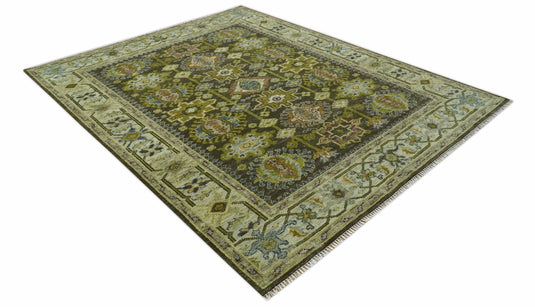 Custom Made Traditional Vintage Style Earthy Green and Silver Hand Knotted Wool Rug Wool Area Rug