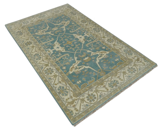Custom Made Hand Knotted Classic Oushak Beige, Ivory And Dark Teal Wool Area Rug