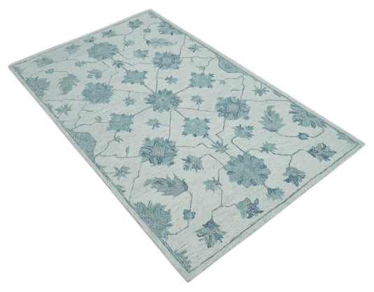 Custom Made Teal, Ivory And Gray Traditional Floral Hand Tufted Wool Area Rug