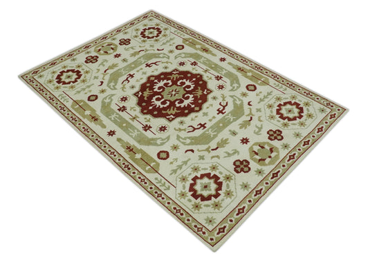 Ivory, Beige And Maroon Traditional Medallion Mamluk Hand Knotted 6x9 ft wool Area Rug