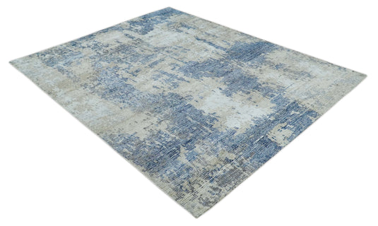 Modern Abstract Blue, Beige And Ivory Hand Knotted 8x10 ft Bedroom, Living Room Rug Bamboo Silk Area Rug