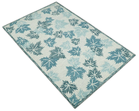 Custom Made Leaves Pattern Teal And Ivory Hand Tufted Wool Area Rug