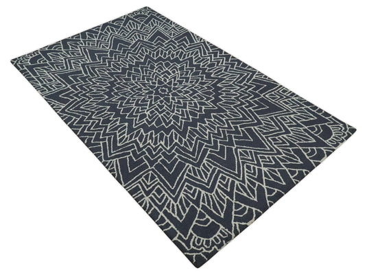 Custom Made Geometrical Radial lines Charcoal And Ivory Hand Tufted  Wool Area Rug