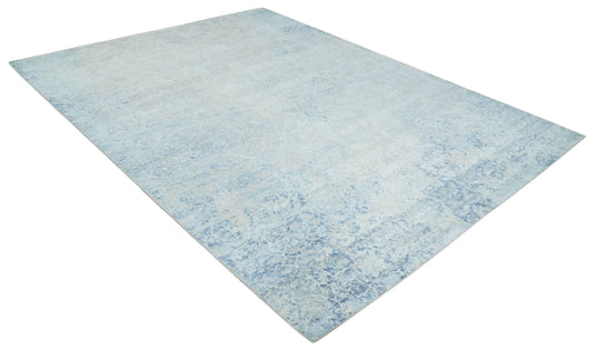 Floral Abstract Blue And Ivory Hand Knotted 9.7x12.9 ft Bedroom, Living Room Rug Bamboo Silk Area Rug