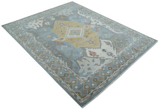 Turkish Oushak Gray, Beige, Blue And Ivory Hand Knotted 8x10 ft Bedroom, Living Room Rug Wool Area Rug