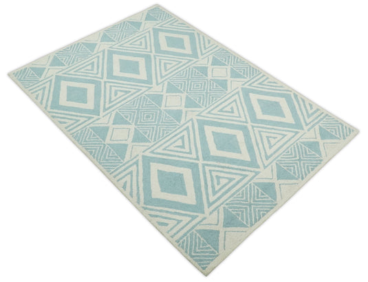 Custom Made Modern Geometrical Ivory And Sage Blue Hand Tufted Wool Area Rug