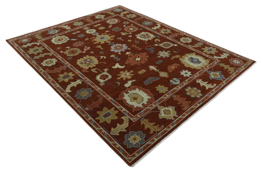 Custom Made Hand Knotted Oriental Oushak Maroon, Beige, Ivory And Blue Wool Area Rug